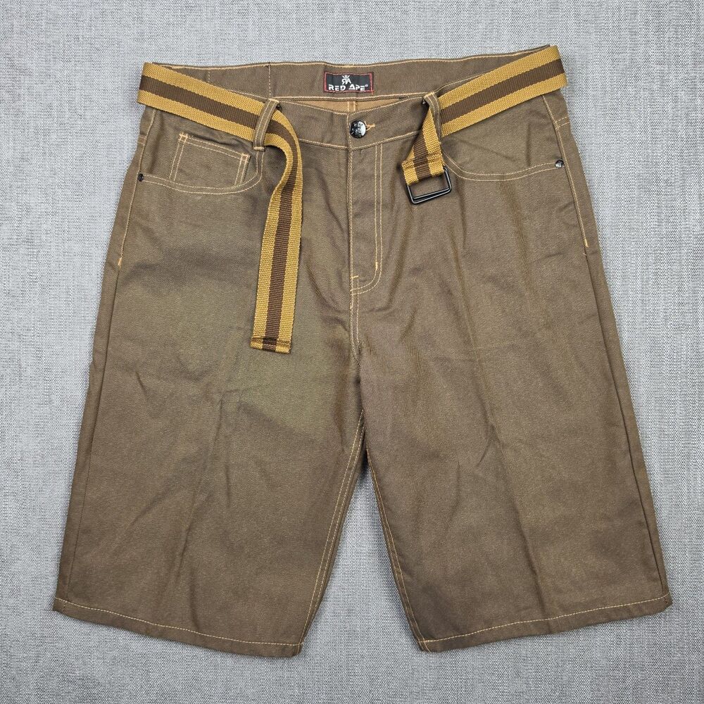 Red Ape mens 40 Brown Denim Jean Shorts Belted Y2K Streetwear Baggy Raw Denim
